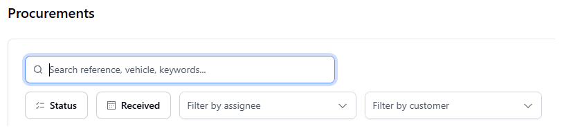 The filter bar: search, status, received, assignee and customer