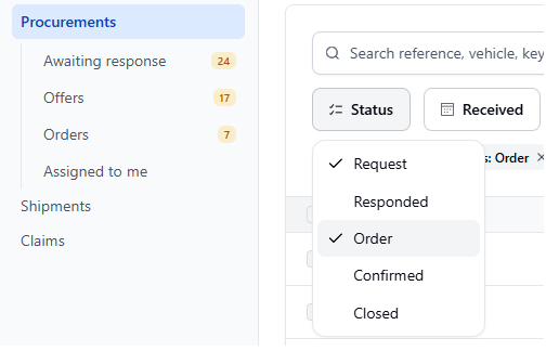 Status filter menu