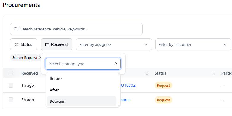 Received date range type selector