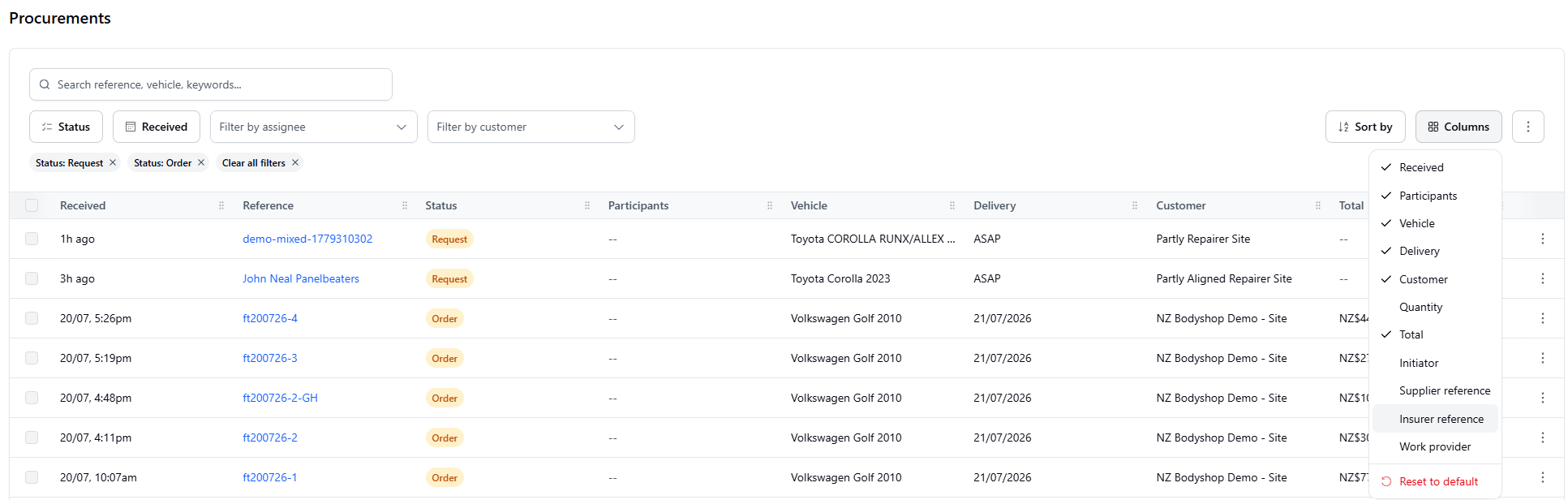 Columns menu for the procurements list