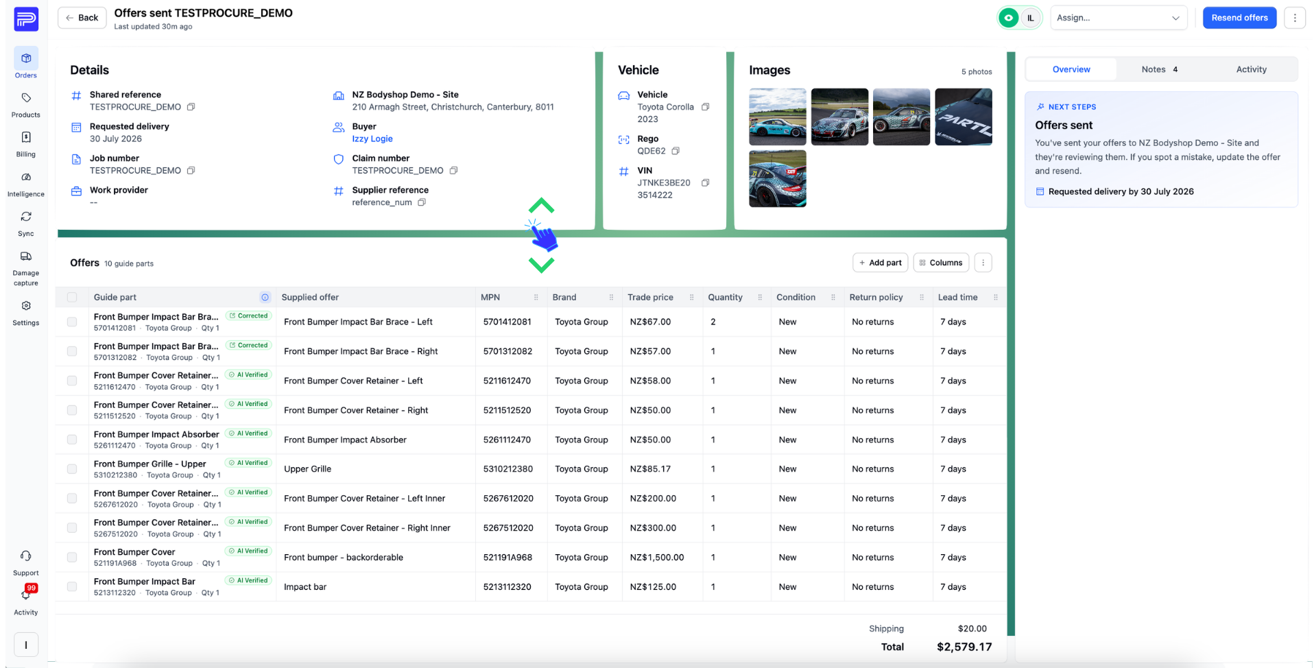A procurement open across five panels — Details, Vehicle and Images along the top, the offers table below and the side panel on the right — with a cursor dragging the divider to resize them