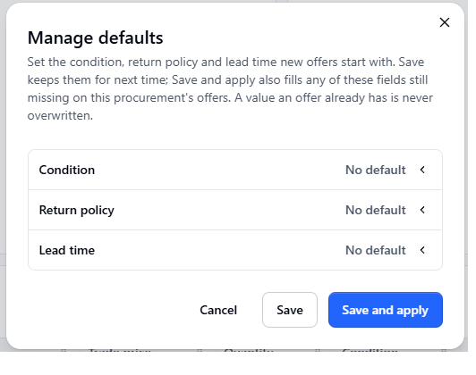 Manage defaults dialog