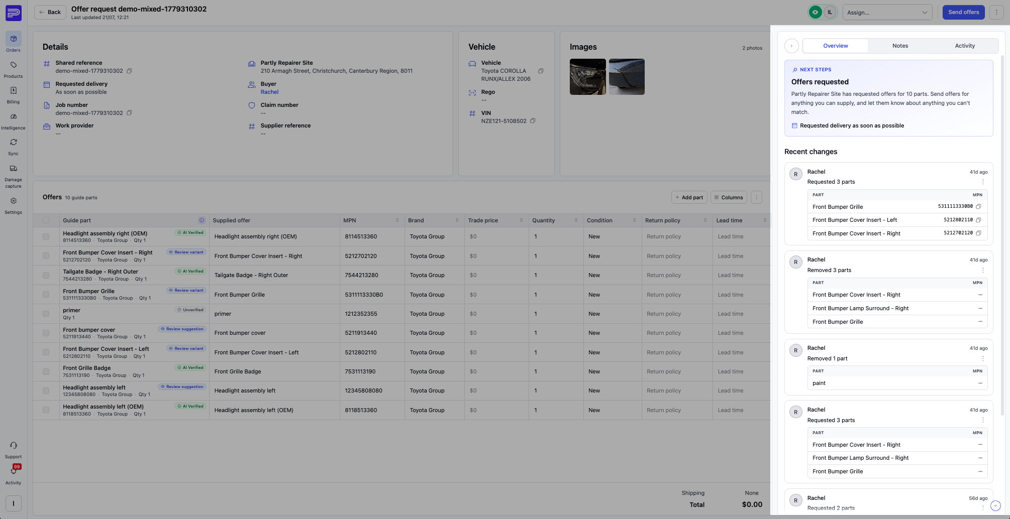 A procurement with the right-hand side panel highlighted, showing the Overview tab with Next steps and a Recent changes feed alongside the main Details, Vehicle, Images and offers view