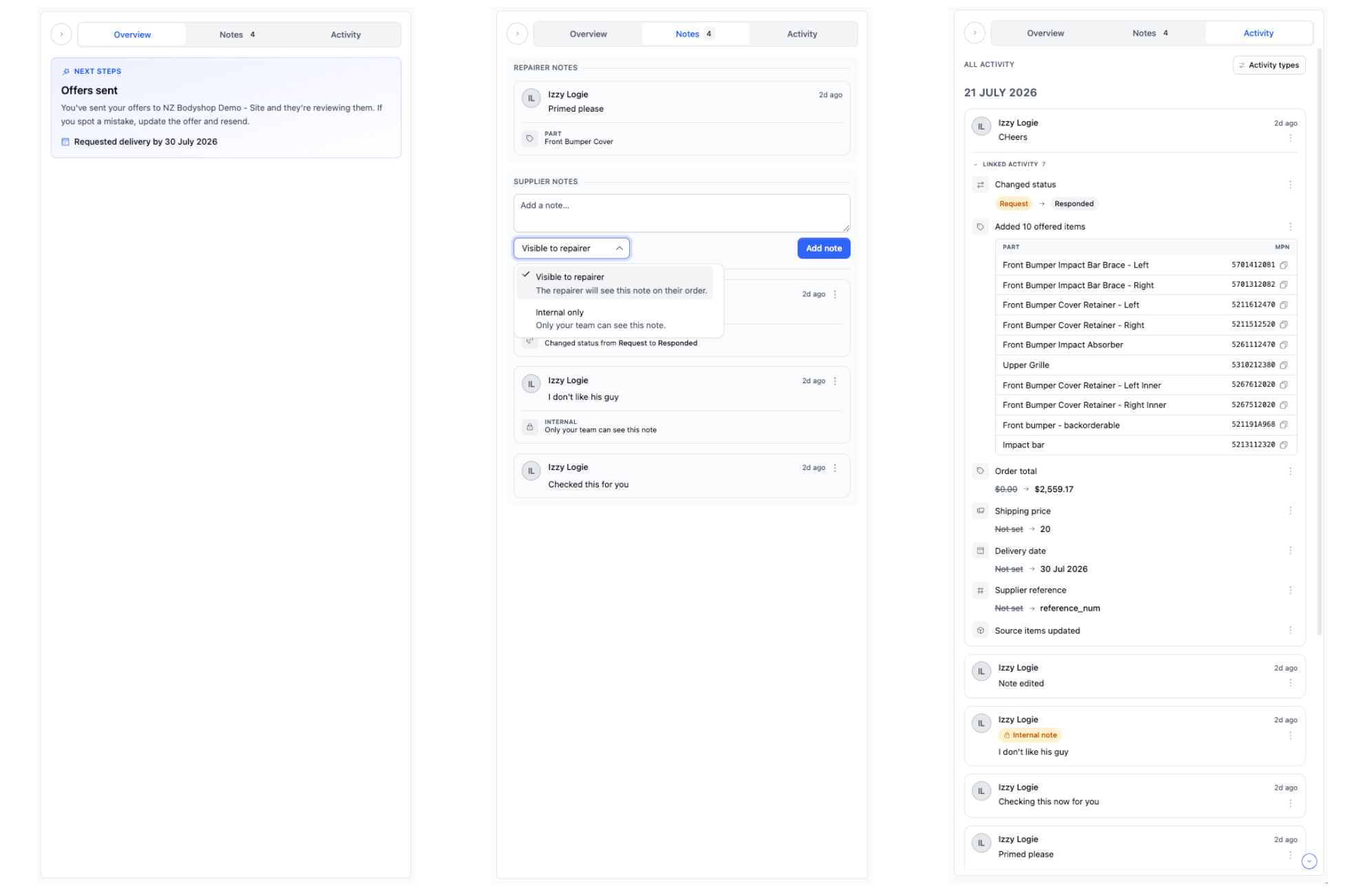 The procurement-level side panel across its three tabs — Overview (Offers sent, Next steps), Notes (repairer-visible and internal notes with visibility control), and Activity (full change history)