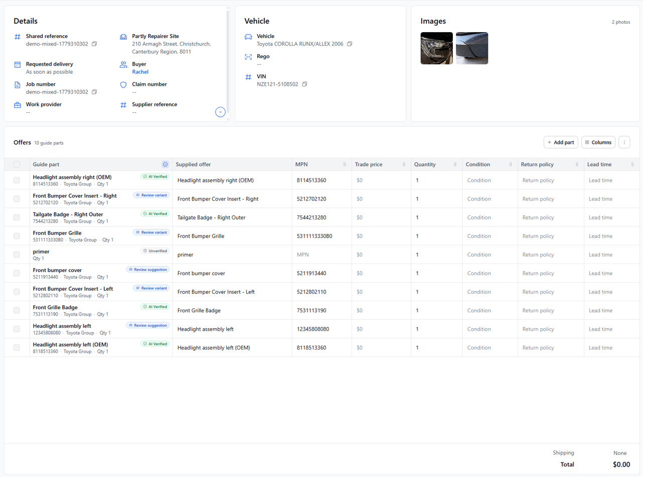 A fresh offers table before pricing, showing guide parts and verification badges