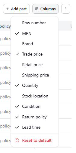 Offers table Columns menu
