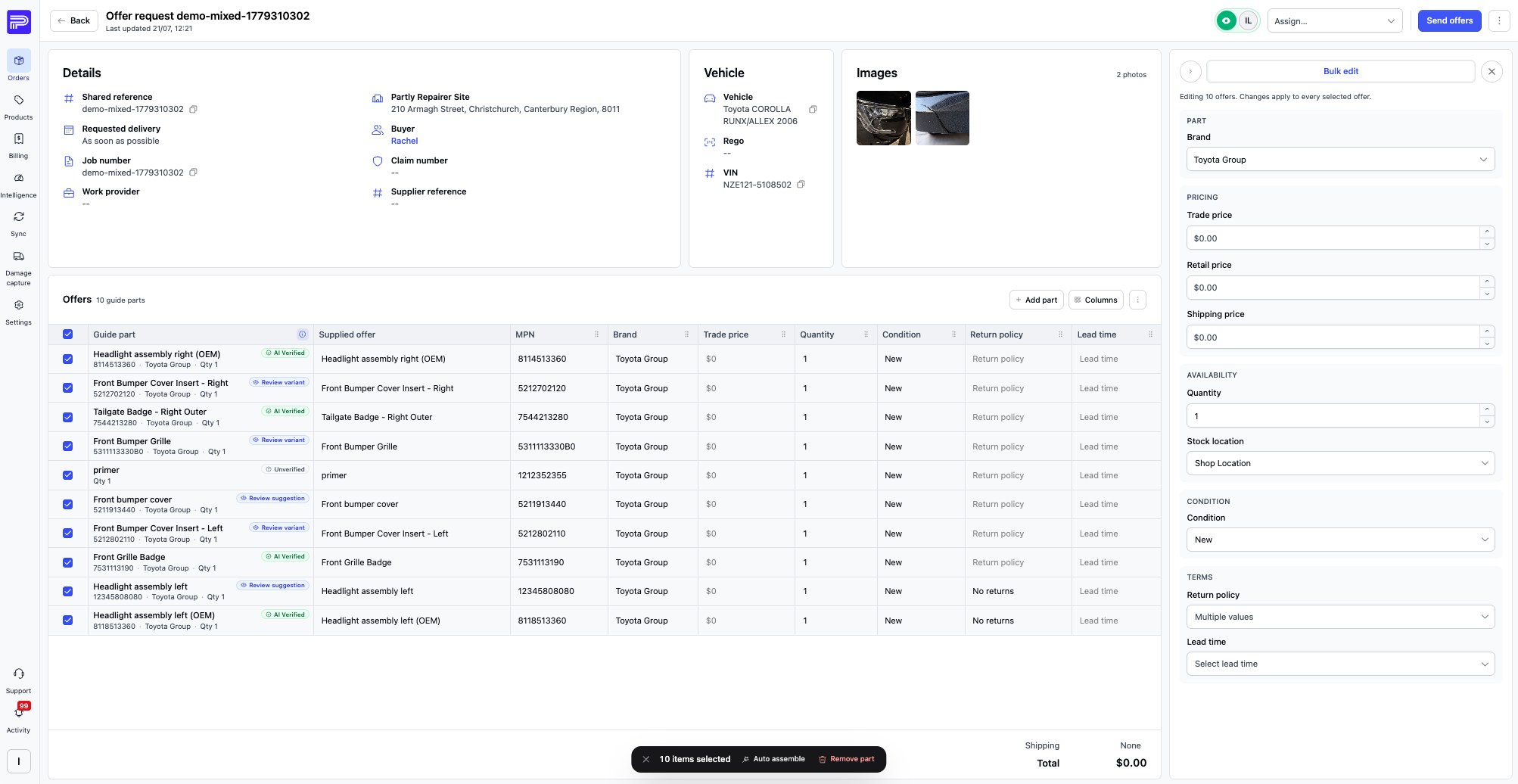 Ten offer lines selected via their checkboxes, with the side panel in Bulk edit mode — a brand, pricing, availability, condition and terms value set once applies to every selected offer