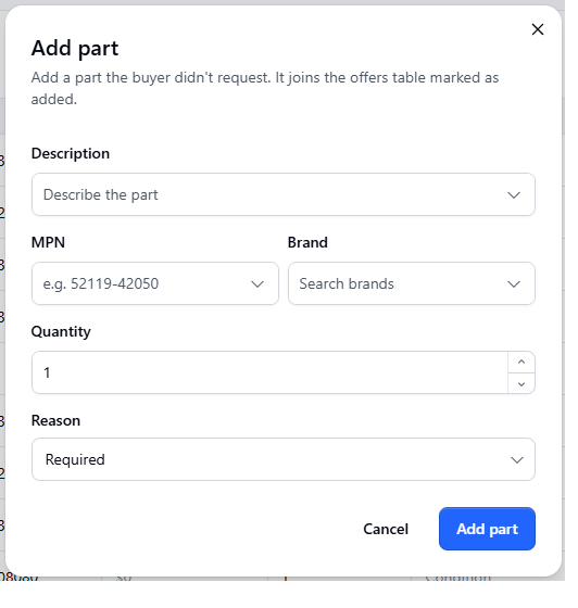 Add part dialog