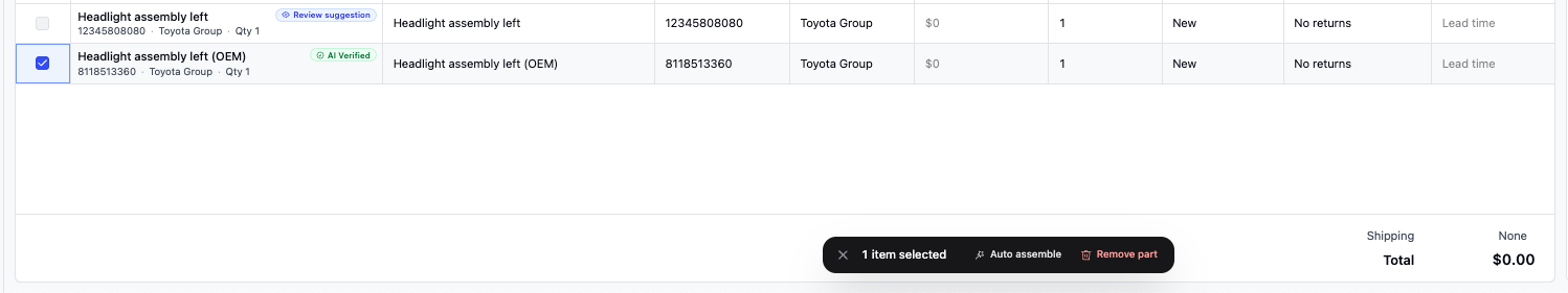 One offer line selected via its checkbox, with the bulk-action bar showing 1 item selected, Auto assemble and Remove part