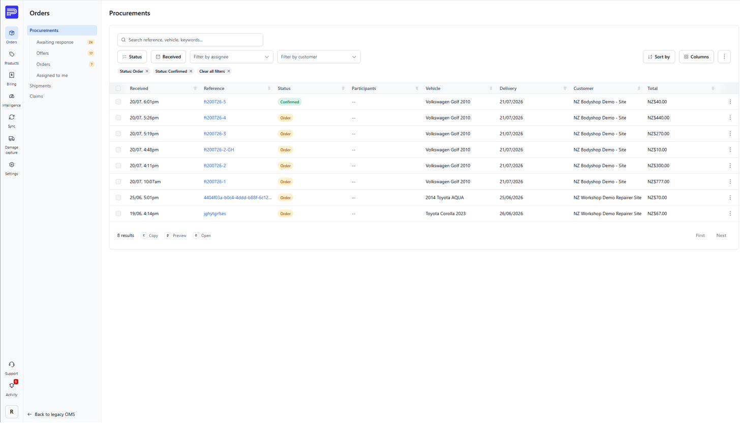 Procurements filtered to Order and Confirmed