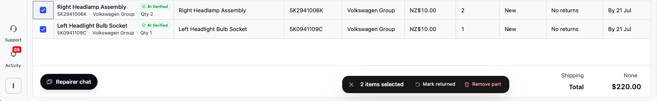 Two order line parts selected via their checkboxes, with the bottom popup showing 2 items selected, Mark returned and Remove part
