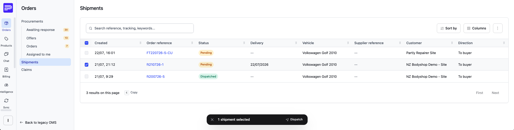 The Shipments list showing created shipments with status Pending or Dispatched, and a shipment selected with the Dispatch action in the bottom popup