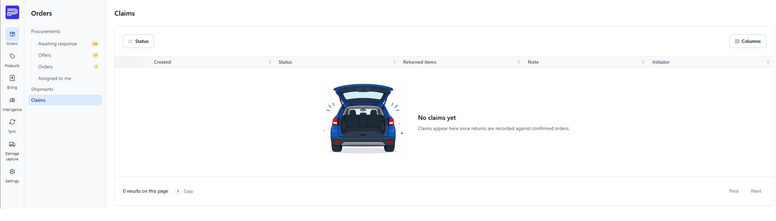 The Claims page empty state