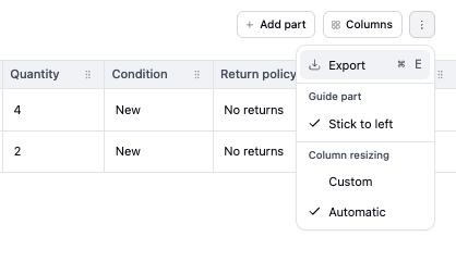 The offers table three-dot menu open, showing Export (Ctrl+E), Stick to left, and Custom or Automatic column resizing