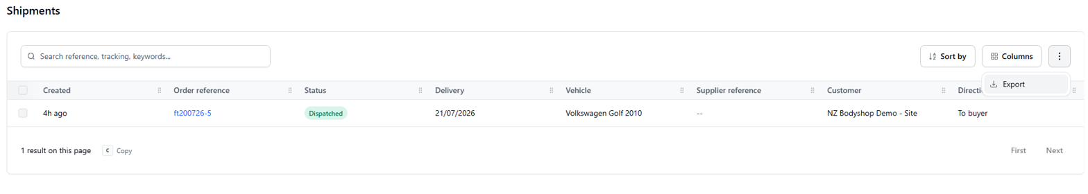Shipments three-dot menu with Export