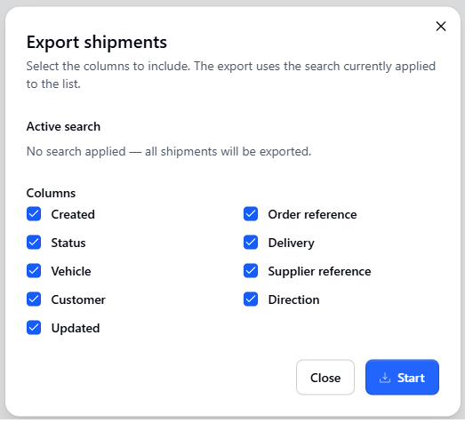 Export shipments dialog