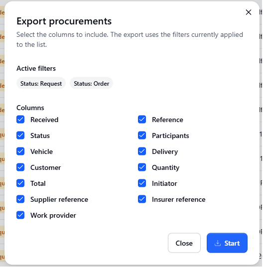 Export procurements dialog with column checkboxes